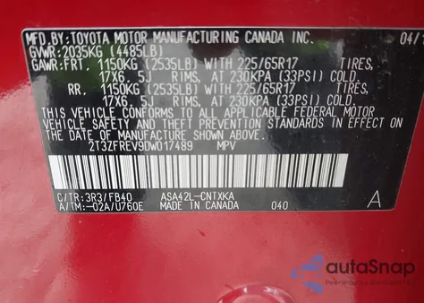 2013 Toyota Rav4 Le from USA, damaged, VIN 2T3ZFREV9DW017489